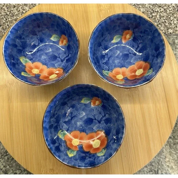 Vintage Japanese Porcelain Arita Juzan Gama Namasu Showa Peony Bowls Set Of 3 - Picture 2 of 12